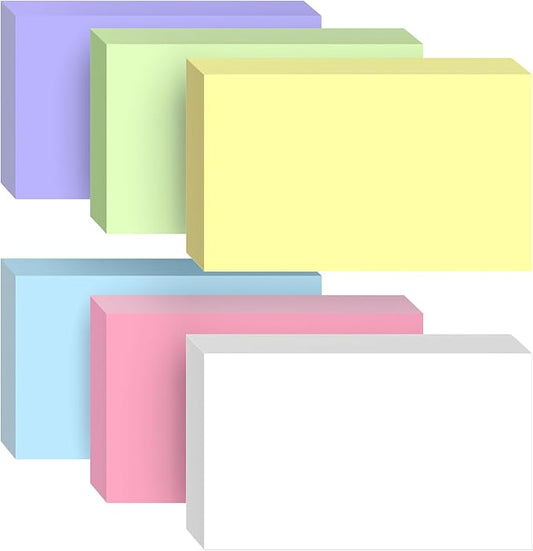 300 Count Colored Blank Index Cards, 3x5 Inch Color Coded Flash Cards - 6 Assorted Color Pads (White Pink Purple Blue Green Yellow), 50 Cards per Pad, Study Flashcards for School, Office