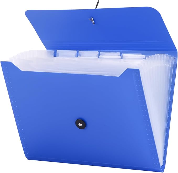 A4 Paper Document Organizer Expanding File Folder with 13 Pockets Accordion File Holder with Tabs for Home School Office, Blue Plastic Material