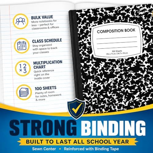 ENVO Composition Notebooks, Wide Ruled Composition Notebook, Black Marble Covers Composition Notebook, 100 sheets, Bulk (48, Wide Ruled)