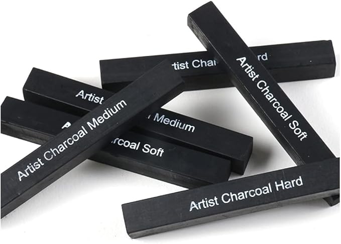Compressed Charcoal Rod 6PCS Soft, Medium and Hard Grade Vine Square Willow Charcoal Sticks for Drawing, Sketching, Shading, Art Supplies Sketch Kits Tools Carbon Strip