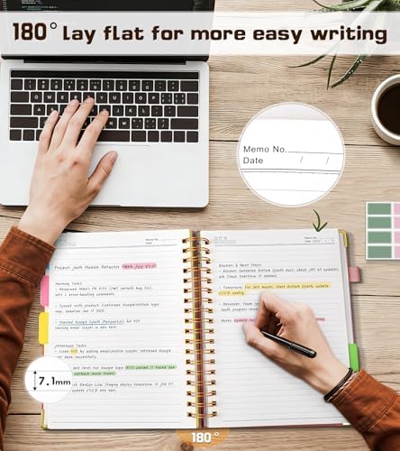 Hardcover Spiral Notebook Journal with Removable Dividers Tabs, 300 Pages Organizer Notebooks for Work School, Leather 5 Subject Notebook College Ruled, 8"x10" Large Lined Journal for Women，Pink