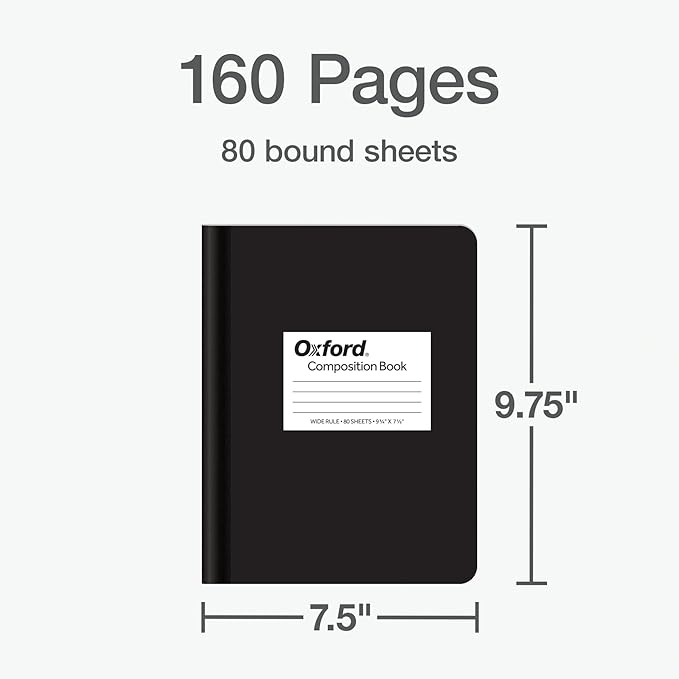 Oxford Composition Notebook 12 Pack, Notebooks for School, School Supplies, Wide Ruled Paper, School Journal, 7.5 x 9.75 Inches, 80 Sheets, Black Marble Covers (63750)