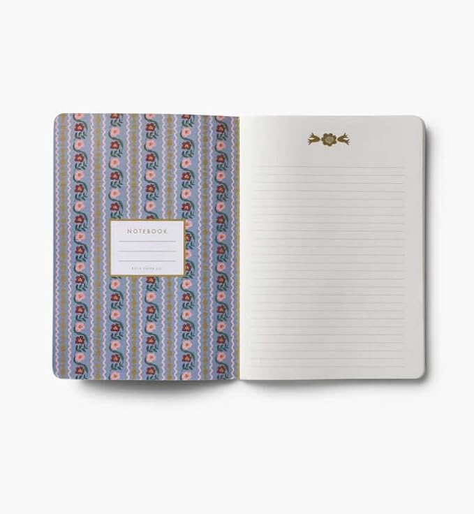 RIFLE PAPER CO. Gracie Stitched Notebook Set, 8.5" L x 6" W, Set Of 3, 64 Ruled Pages With Gold Ink, Full-Color Canvas Cover with White Text Paper Interior