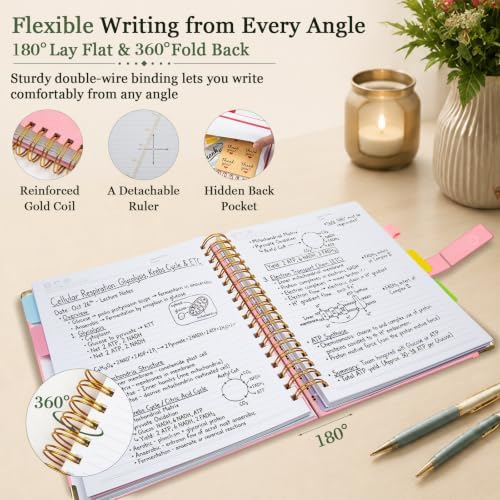 Hardcover Spiral Notebook 8.5''x 11'' College Ruled Notebook with Magnetic Closure, 300 Pages 5 Subject Notebooks with Pocket Dividers for Work School, A4 Leather Journal for Women, Men (Pink)