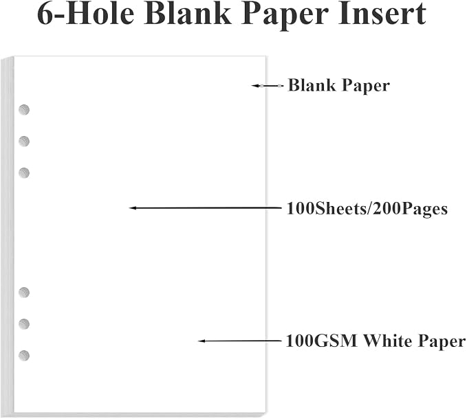 A5 Blank Paper Refill - 6 Hole Planner Inserts for A5 Binder, 200 Pages 6 Ring Loose Leaf Blank Paper with 5 Colorful Binder Dividers, 5.8" x 8.5"