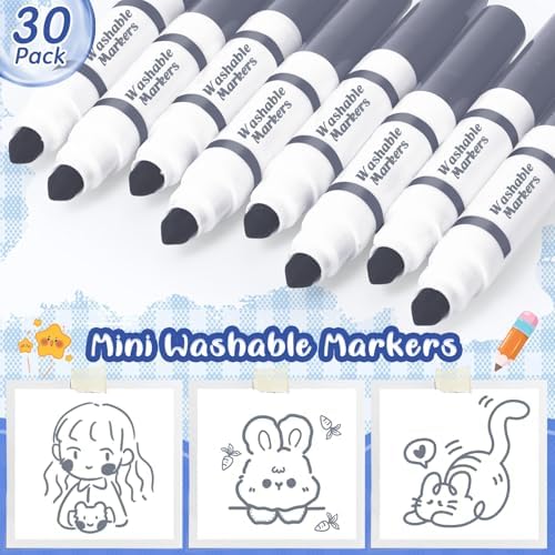 30 Pcs Mini Washable Markers Bulk Broad Line Conical Tip Washable Mark Pen Set Short Coloring Paint Pen for Kid Art Projects Teacher Student Toddler Party Favors Classroom, Ages 6+(Gray)