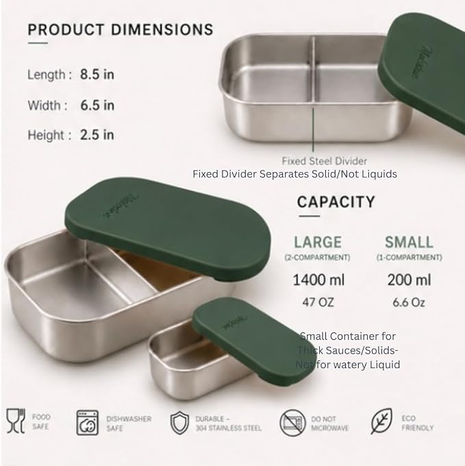 Modaniam Flexibento - 47 OZ Leak proof Stainless Steel Lunch Box Containers with Silicone Lids, Steel Bento Box, Metal lunch Box, ForestGreen-47OZ-Set Of 2