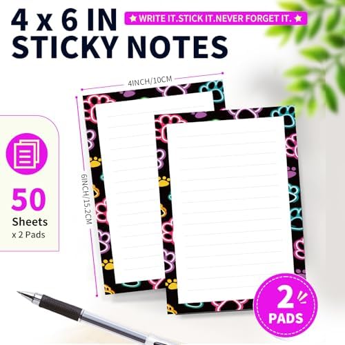 Lined Sticky Notes 4x6 in, 2 Pack Large Cute Notepads with Lines Self-Stick Note Pad, Funny Memo Pads Strong Adhesive for Office, Home Cute Colorful Dog Paws