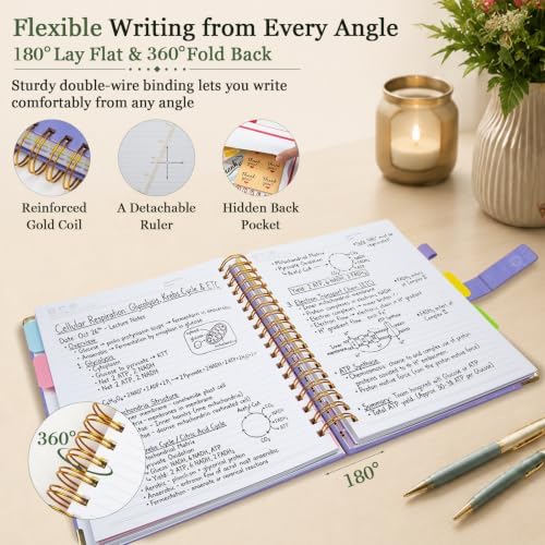 Hardcover Spiral Notebook 8.5''x 11'' College Ruled Notebook with Magnetic Closure, 300 Pages 5 Subject Notebooks with Pocket Dividers for Work School, A4 Leather Journal for Women, Men (Lilac Purple)