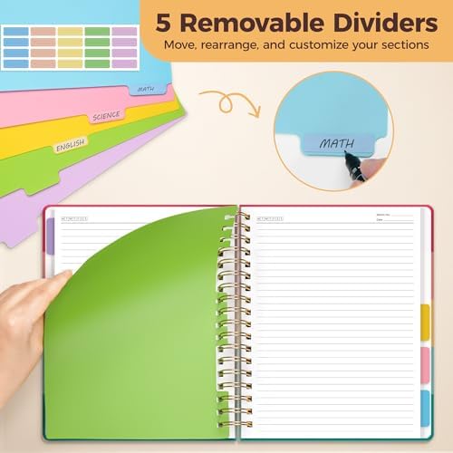 Hardcover Spiral Notebook Journal for Women & Men, Cute 5 Subject Notebook College Ruled for School & Work, Journaling Notebooks with Removable Dividers Tabs, 8" x 10", 300 Pages, Happy Stripes