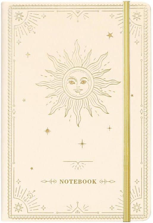 Ruled Notebook/Journal – Premium Thick Paper Faux Leather Classic Writing Notebook with Pocket + Page Dividers Gifts, Banded, Large, 144 Pages, Hard Cover, Lined (5.8 x 8.4) - White Sun Goddess