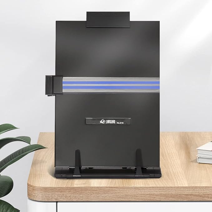 OSPNIEEK 2 Pack Desktop Document Holder Stand with 7 Adjustable Position, Black Metal File Organizer Copyholder for Typing Speech Reading A4 Letter Music Book Tablet Office, with Paper Clip Line Guide