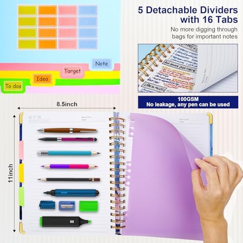 Spiral Journal Notebooks for Work, 300 Pages 5 Subject Notebook College Ruled with Dividers & Tabs, A4 Notebook Journal for Women Students Note-Taking and Organizer (Tropical Monstera)