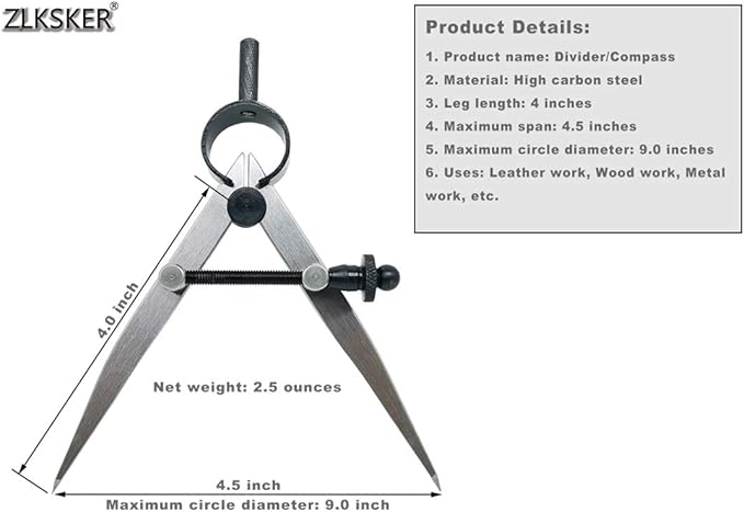 4 Inch Professional Leather Compass, Precision Spring Wing Divider/Scriber, Metal Compass for Woodworking, Metalworking