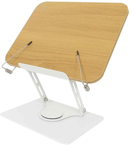 Book Stand for Reading,360°Rotating Base Book Holder for Reading Hands Free,Cookbook Stand,Wooden Panel Aluminium Base Stand for Cookbook,Laptop,Textbook