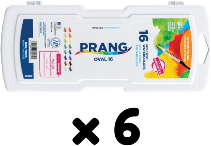 Prang Semi-Moist Watercolors 16-Color Refillable Oval Pan Set with Size 6 Paintbrush, Class Pack of 6