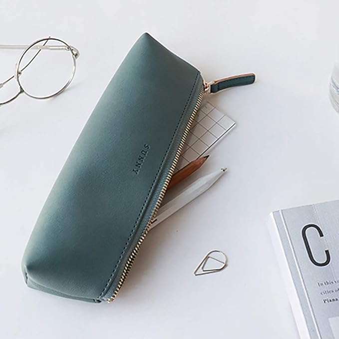 Doraking pen Case Cosmetic Makeup bag, stationery pouch PU Leather Small Pencil Pouch Students Zipper Bag for Pens, Pencils, Markers (Dark Green)