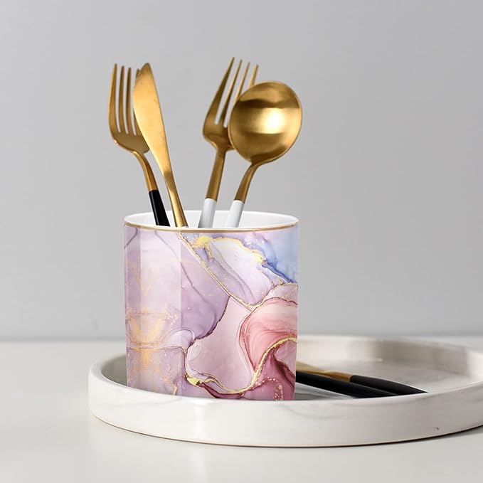 Pink Pen Holder for Desk, Premium Ceramic Pencil Holder Pen Cup Marker Holder Makeup Brush Holders, Desk Accessories & Workspace Organizers for Home, Office,Colorful Marble