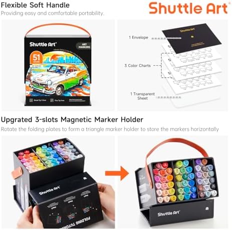 Shuttle Art 51 Colors Alcohol Markers, 50 Colors Dual Tip Art Marker Set Plus 1 Colorless Blender with Marker Case Perfect for Illustration Students Adult Coloring Sketching