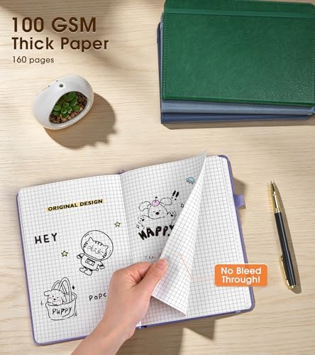 A5 Leather Hardcover Graph Paper Notebook, 160 Pages (5 Squares/Inch), 180° Lay-Flat Binding, 100 GSM Thick Paper, for Math, Engineering, Students & Technical Work (Purple)