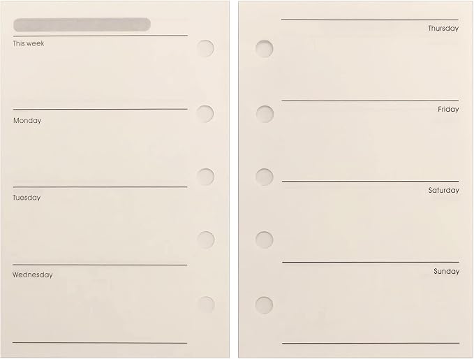 Zelten 1 Pack A8 40 Sheets/80 Pages Weekly Planner Loose Leaf Punched Paper Refills Paper for 5 Hole Binder Personal Organizer Diary Notebook Refillable Planner