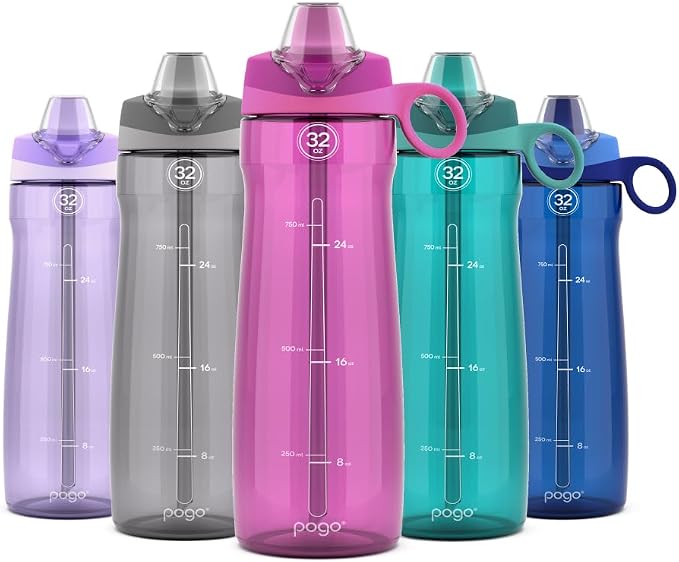 Pogo Plastic Water Bottle with Chug Lid and Carry Handle, Reusable, BPA Free, Dishwasher Safe, Perfect for Travel, School, Outdoors, and Gym, 18oz 32oz 40oz 64oz