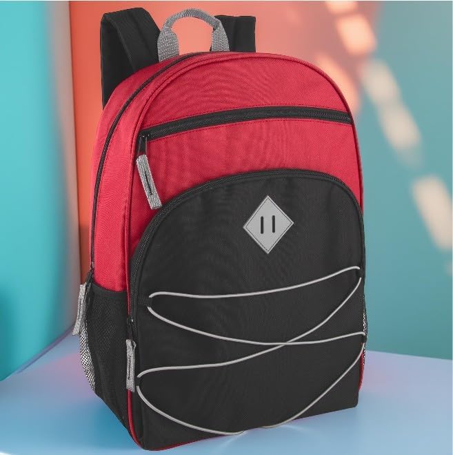 Summit Ridge Backpacks with Bungee Cord Front | 17” Multi Pocket Backpack for Adults, College, Travel (Red/Black)