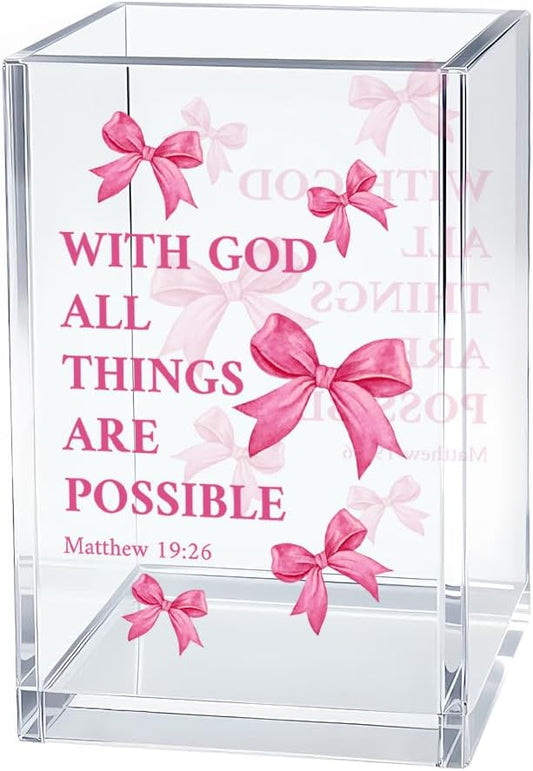 With God All Things Are Possible Bible Pen Holder Makeup Organizer, Funny Bow Christian Pencil Pen Holder for Desk, Matthew 19:26 Bible Verse Pencil Cup, Religious Gifts for Book Lover Teacher