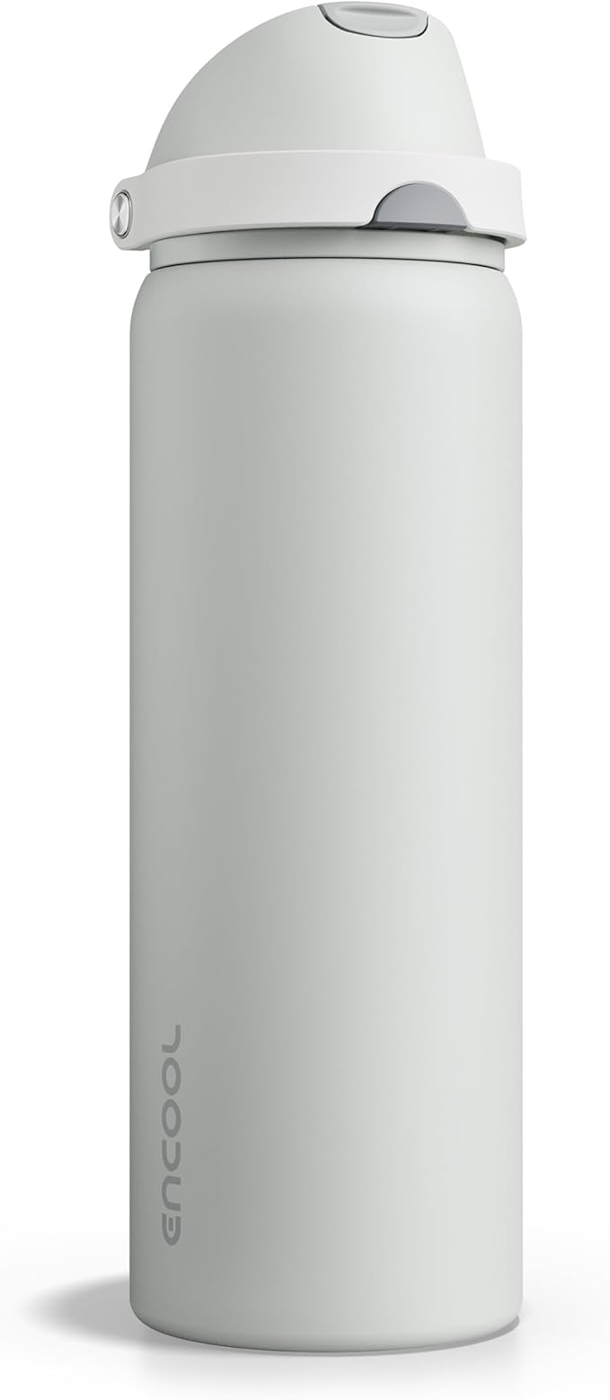 Insulated Water Bottle with Straw - Encool Stainless Steel Water Bottle with Push Button Lid, Leak-Proof & BPA-Free, Keeps Cold for 24 Hours for Sports, Travel, Gym (32 oz, Silver Grey)