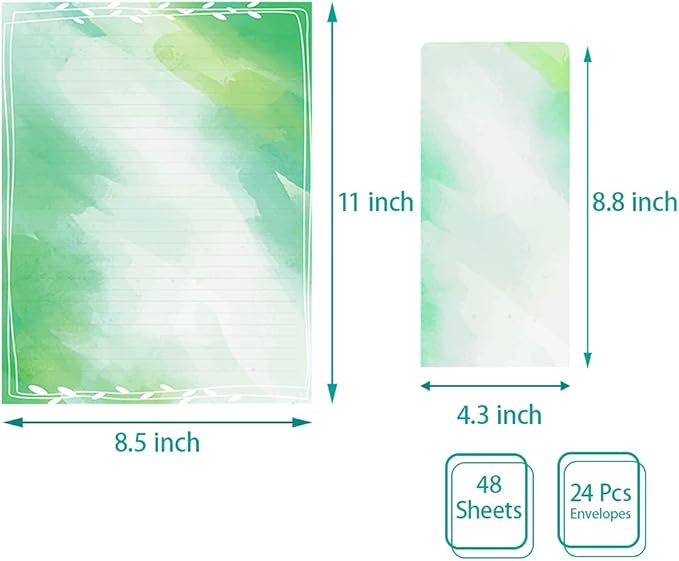 Anzon Mories Watercolor Stationary Writing Paper Envelope Set (2 Sides Colored, 1 Side Lined) 48 Sheets, 24 Pcs Envelopes, Letter Stationery 8.5 x 11 In Decorative Paper, 8 Designs Assorted