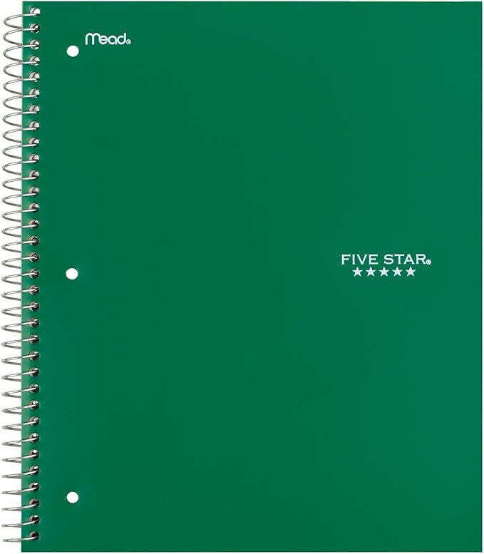 Five Star Spiral Notebook 3 Subject Wide Ruled | Forest Green | 150 Sheets | Water Resistant Cover | Pack of 6
