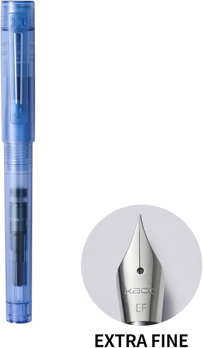 Kaco SKY Fountain Pen with Extra 8 Ink Cartridges, Black Ink Pen with Extra Fine Nib and Ink Converter, Blue
