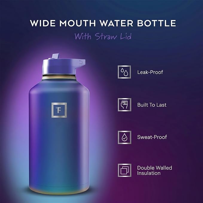 IRON °FLASK 64 oz Wide Mouth Water Bottle with Straw | Insulated Half Gallon Water Bottle with Leakproof Straw Lid - BPA Free, Cold 24 Hrs, Sweat Free (Aurora)