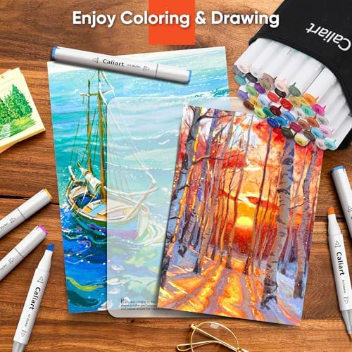 Caliart 41 Colors Alcohol Markers Dual Tip Fine & Chisel, Based Art Markers Permanent Pens for Adults Coloring Books, Artists Drawing Sketch Illustration Highlighting, Art Supplies with Storage Case