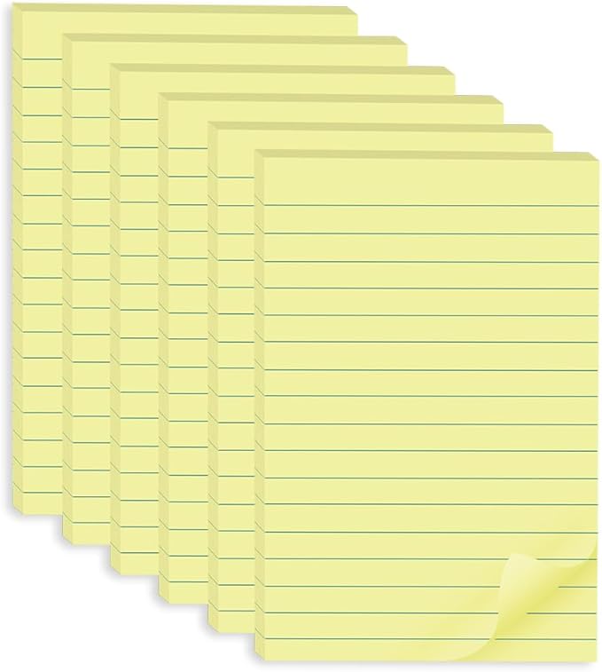 (6 Pack) Lined Sticky Notes 4x6 in,Yellow Large Notepads with Lines,Ruled Stickies Super Sticking Power,Office School Memo Note Pads,Post on Windows Doors,Recyclable,Easy to Write on,Hold Well