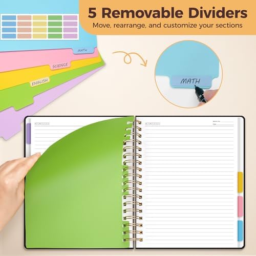 Hardcover Spiral Notebook Journal for Women & Men, Cute 5 Subject Notebook College Ruled for School & Work, Black Journaling Notebooks with Removable Dividers Tabs, 8" x 10", 300 Pages, Night Stars