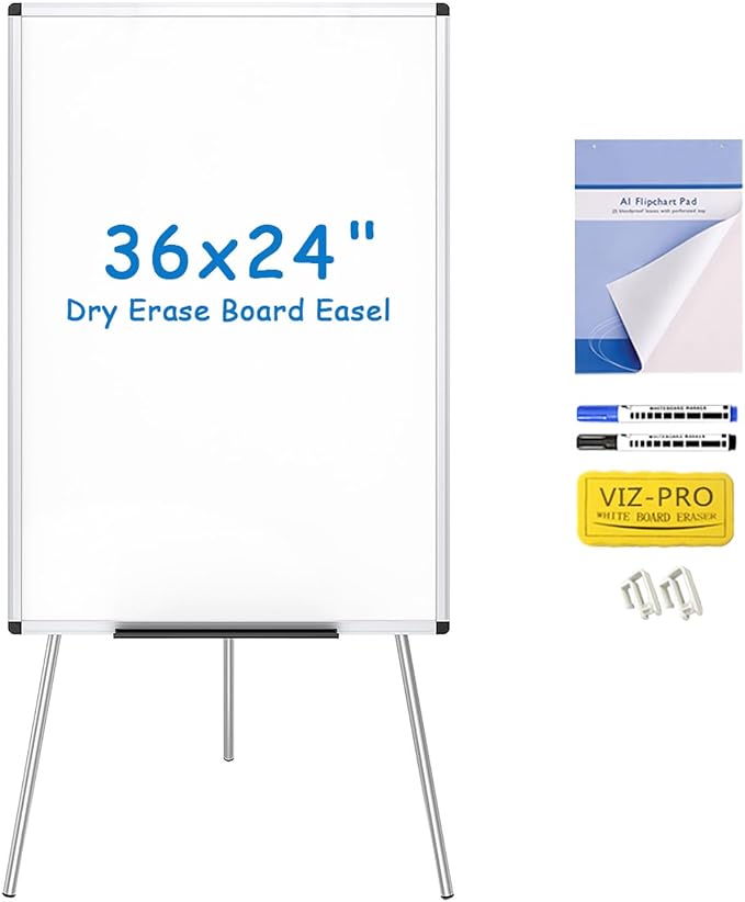 VIZ-PRO Whiteboard Easel, 36 x 24 Inches, Portable Dry Erase Board Height Adjustable With Flipchart Pad