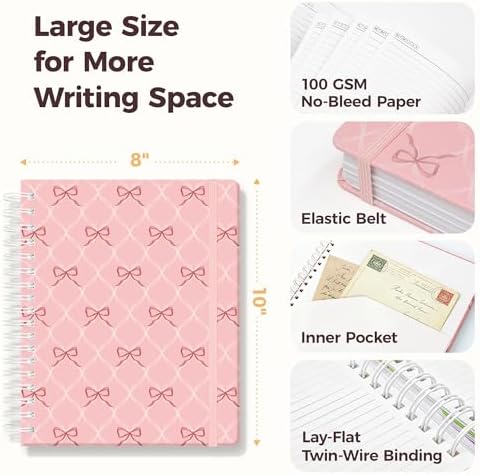 Hardcover Spiral Notebook Journal for Women & Men, Cute 5 Subject Notebook College Ruled for School & Work, Pink Journaling Notebooks with Removable Dividers Tabs, 8" x 10", 300 Pages, Bows