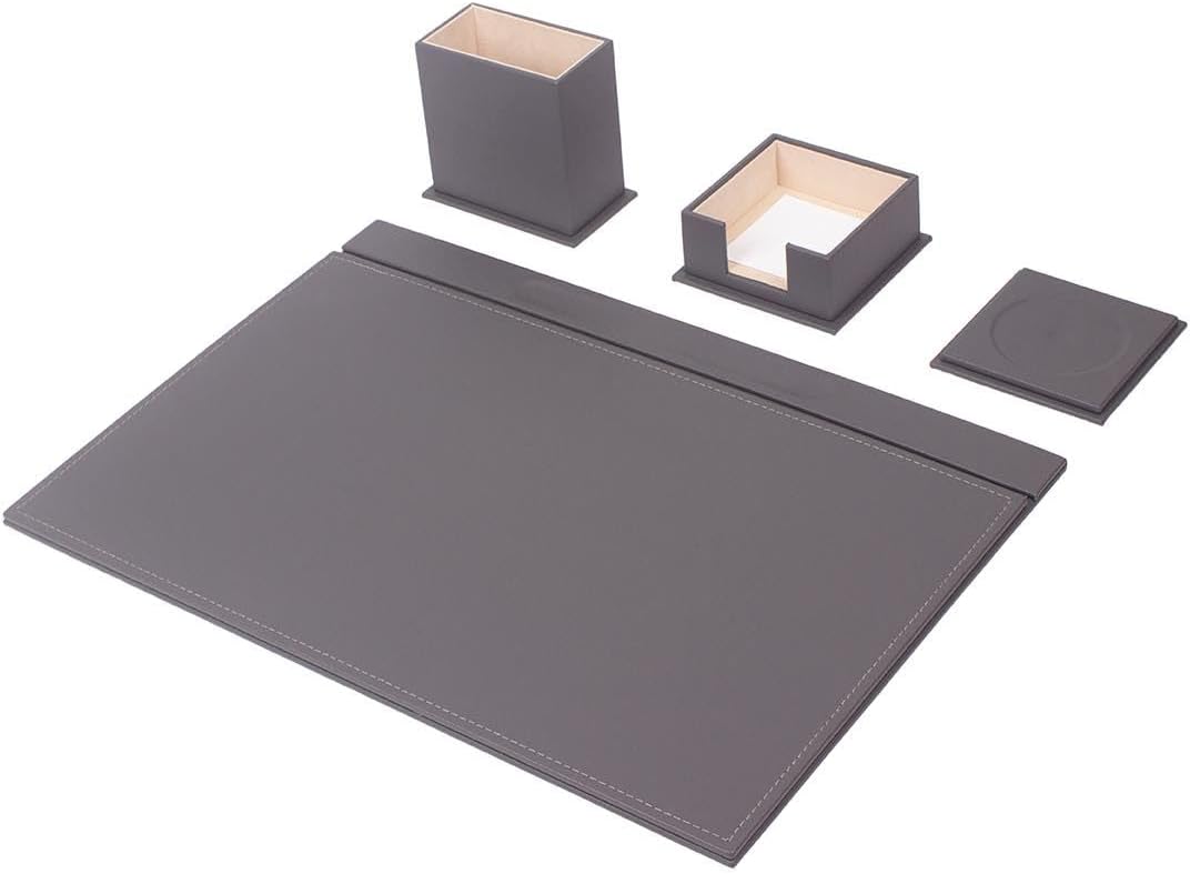 Luna Minimalist Leather Desk Set – 4 Piece Desk Organizer with Desk Pad, Pen Holder, Note Holder & Coaster – Compact Office Desk Accessories – Multiple Colors (Gray)