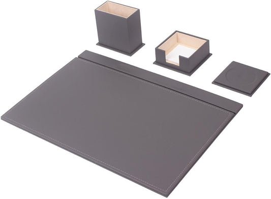 Luna Minimalist Leather Desk Set – 4 Piece Desk Organizer with Desk Pad, Pen Holder, Note Holder & Coaster – Compact Office Desk Accessories – Multiple Colors (Gray)