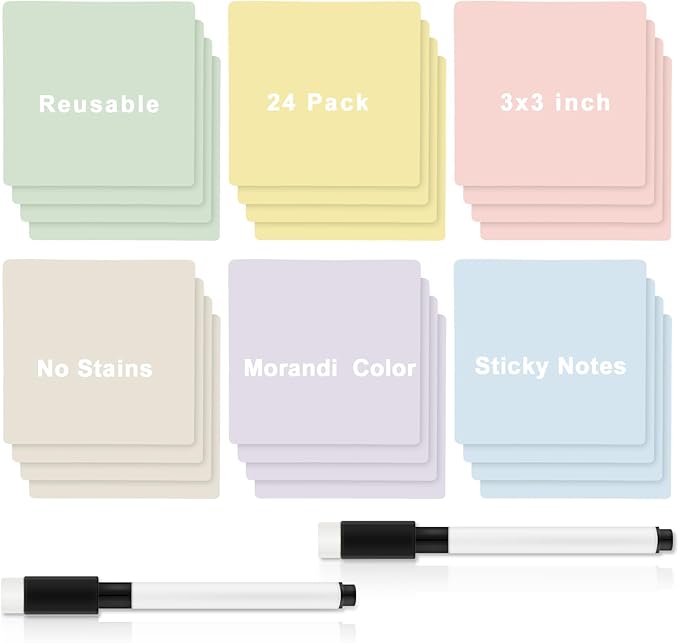 24 Pcs Reusable Dry Erase Sticky Notes 3"x 3" Whiteboard Labels Peel & Stick Dry Erase Colorful Labels and 2 Black Marker for Office Classroom Home Notes Lists Reminders Planning Teach(Bright Color)