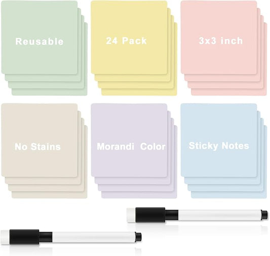 24 Pcs Reusable Dry Erase Sticky Notes 3"x 3" Whiteboard Labels Peel & Stick Dry Erase Colorful Labels and 2 Black Marker for Office Classroom Home Notes Lists Reminders Planning Teach(Bright Color)
