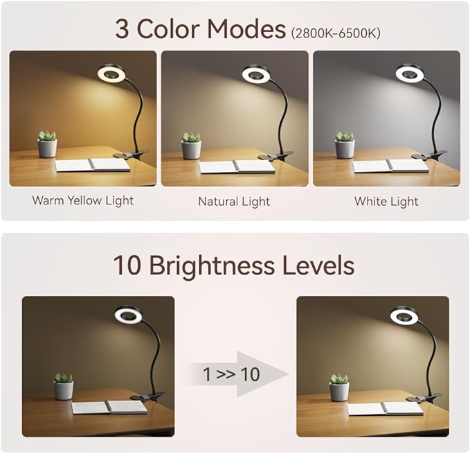 2 Pack LED Clip On Desk Lamp, 360° Adjustable Neck Eye-Caring Clamp Lamp with Memory Function, 3 Color Modes & 10 Brightness Levels for Home, Office, Dorm, Bedroom