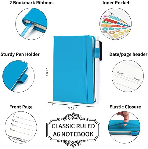 feela 3 Pack Pocket Notebook Journals, Mini Cute Small Journal Notebook Bulk Hardcover College Ruled Notepad with Pen Holder for Office School Supplies, with 3 Black Pens, 3.5”x 5.5”, A6, Teal
