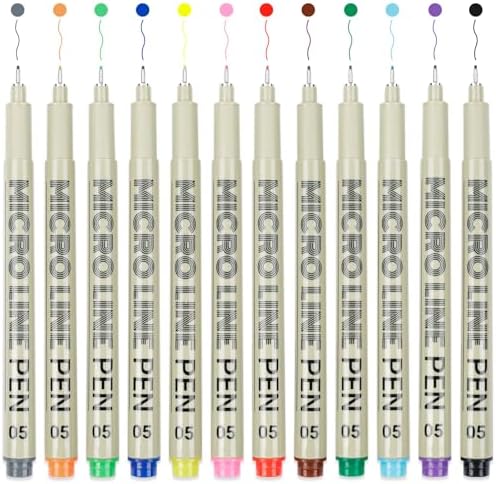 12 Colored Micro Pens 05, Fineliner pens Waterproof Archival Ink Micro Pen Set, Drawing Art Pens for Illustrating, Journaling, Bible Zentangle Supplies