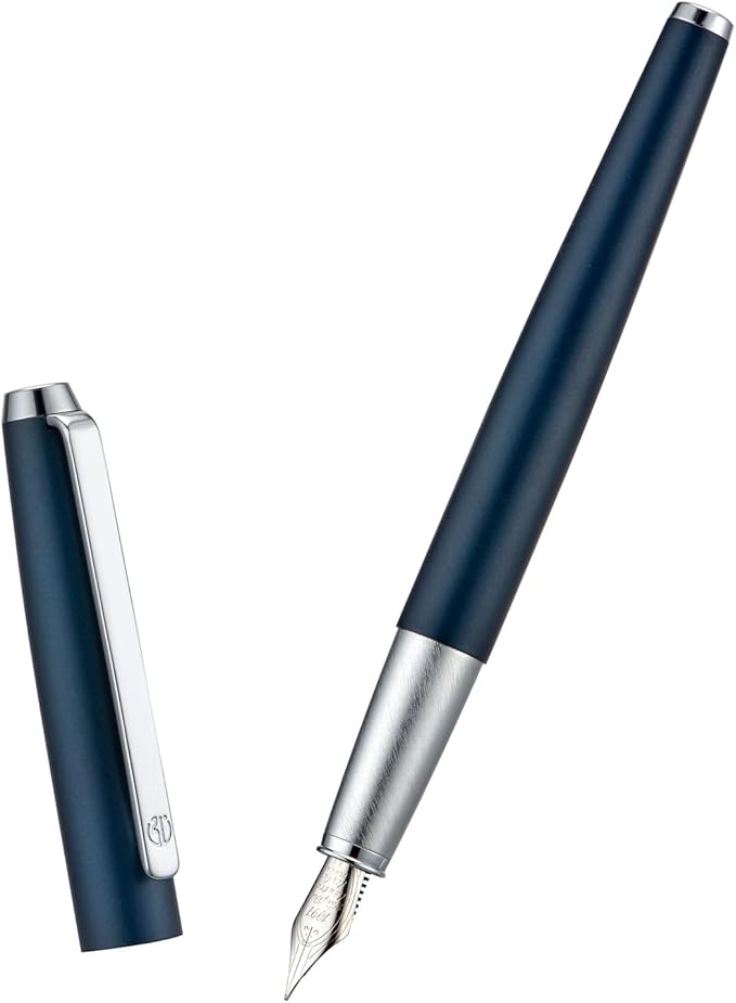 HongDian 525 Blue Metal Fountain Pen Bent Nib, Calligraphy Fude Pen 0.6mm with Converter and Metal Box Set