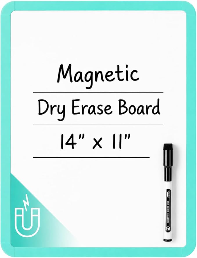 Mr. Pen- Dry Erase Board, 14” x 11” with a Black Dry Erase Marker, Aqua Blue Frame, Small Mini White Board for Students, Fridge, Wall, Locker, Includes Double Sided Tapes