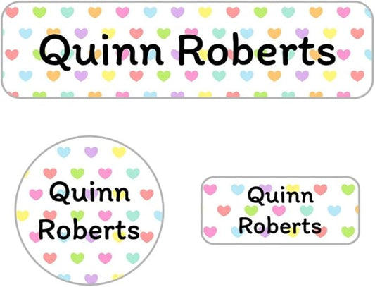 Name Bubbles - Kids Custom Name Labels for Daycare, School, Camp (144 Labels) - Personalized Waterproof Name Stickers for Clothes Tags, Lunch Boxes, Water Bottles, & School Supplies (Hearts)