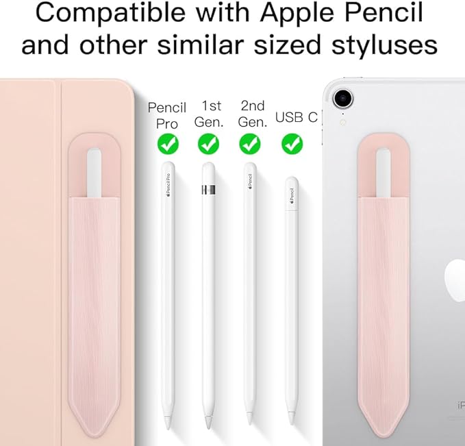 MoKo Pencil Holder Sticker Fit Apple Pencil Pro, Apple Pencil (USB-C), Apple Pencil 1st/2nd Generation, Elastic Pencil Pocket Pouch Adhesive Sleeve Attached to iPad Case for Stylus Pens, 2PC Rose Gold