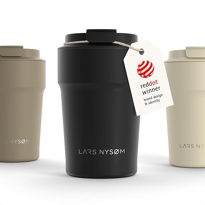 LARS NYSØM Thermo Coffee Mug to go 13oz | Travel Mug 0.38 Liter with Insulation | Silicone grip base | Leak Proof Stainless Steel Tumbler for Coffee and Tea on the Go (Powder Black, 13oz)